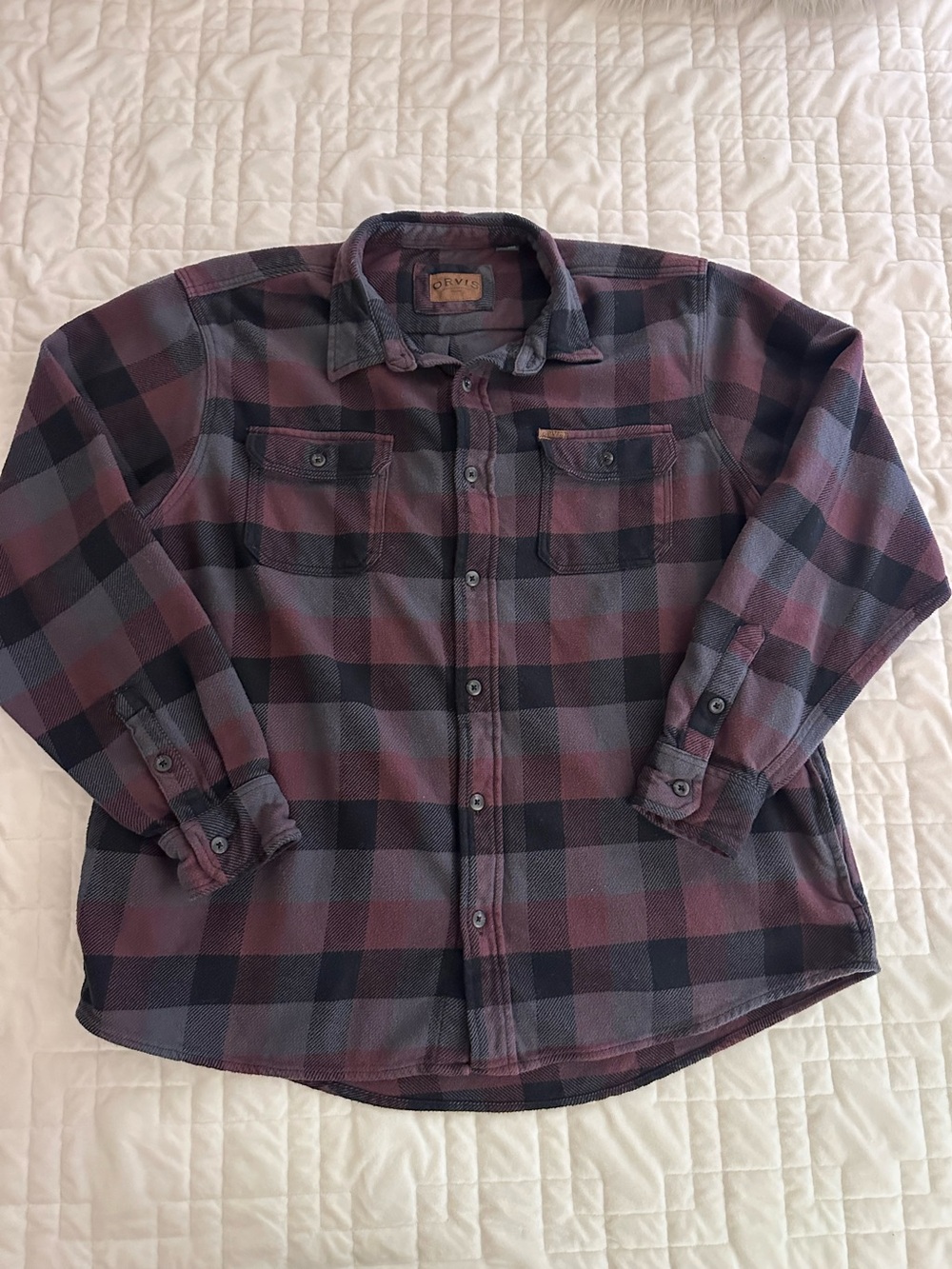 Orvis Men's Burgundy & Charcoal Plaid Button-Down Flannel Shirt Size XXL